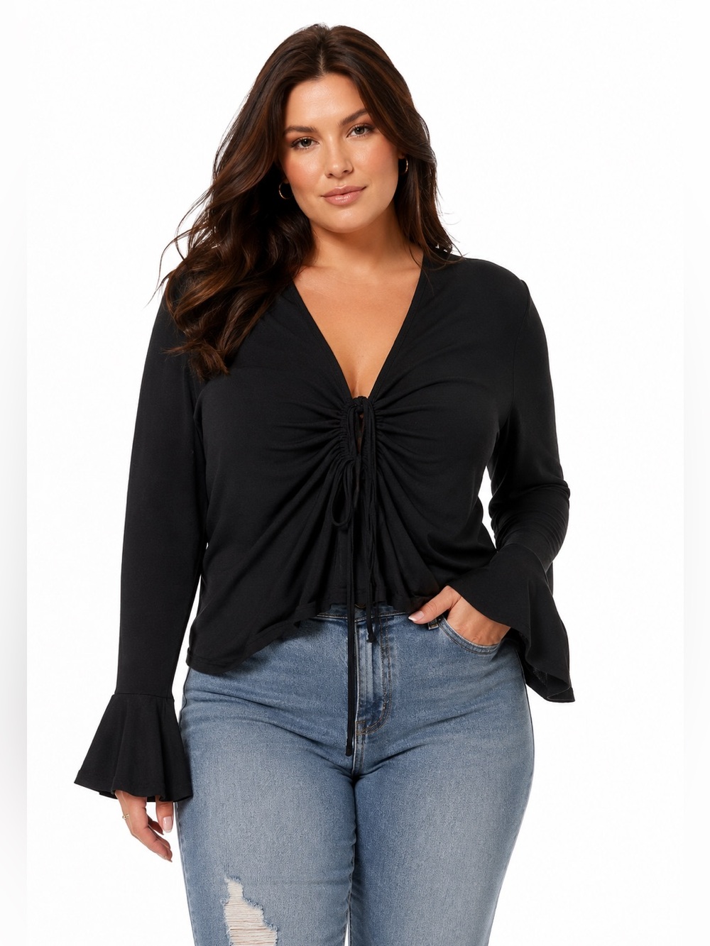 Witchy Black Ruched Tie Front Bell Sleeve Top 1X Long Sleeve Deep V Front Tie